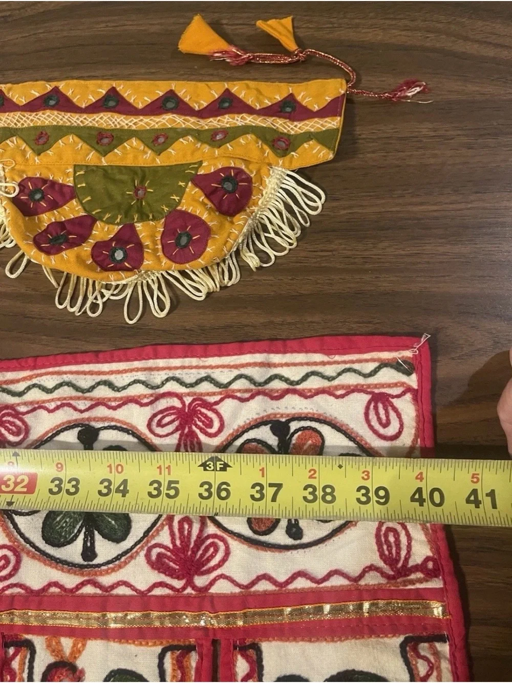 Vtg lot of 2 Toran valances/ boho wallhangings hand embroidered mirrors